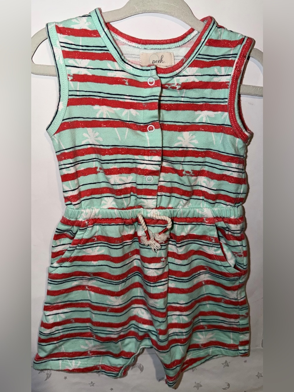 Peek Mint and Red Striped Sleeveless Romper with Palm Print